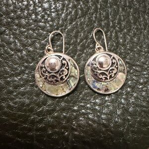 Abalone Disk Earrings, Dangle Earrings, Filigree Circle Drop Earrings